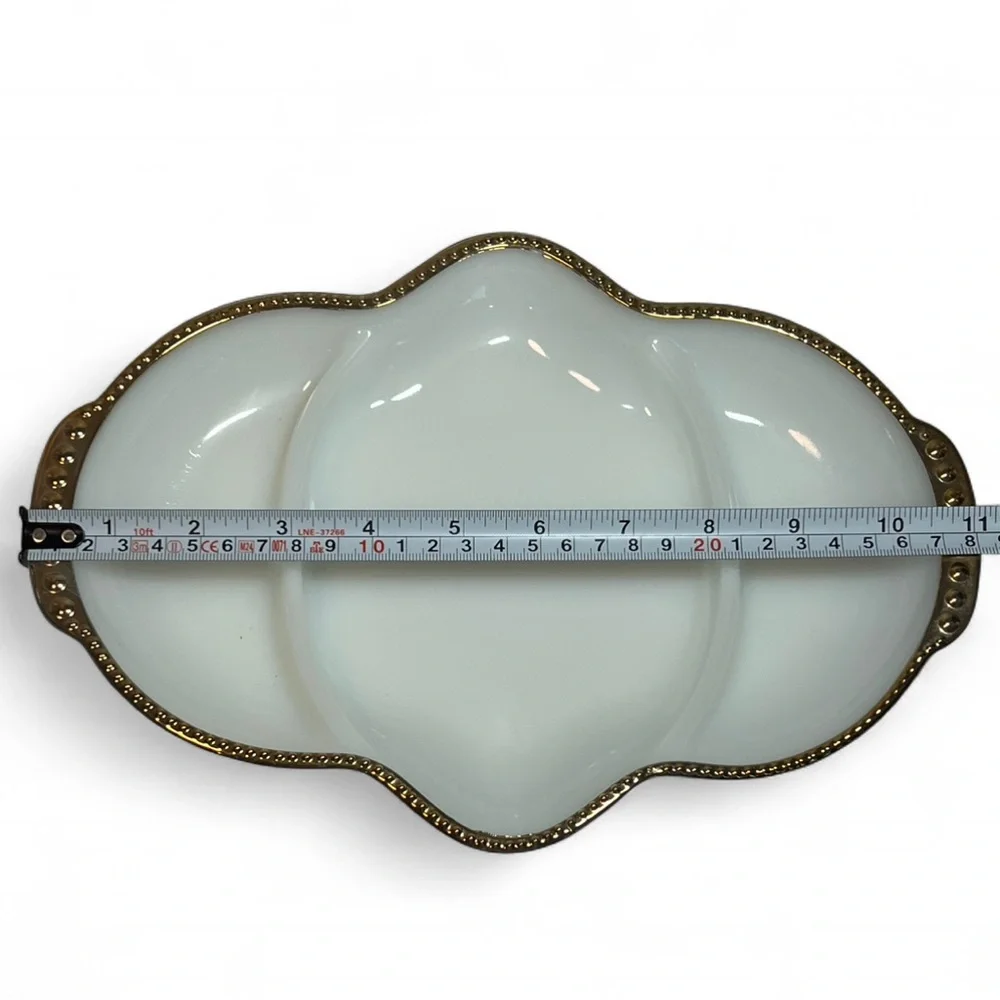💥SALE! Vintage Fire King White Milk Glass Gold Trim Divided Serving Dish - Picture 7 of 13